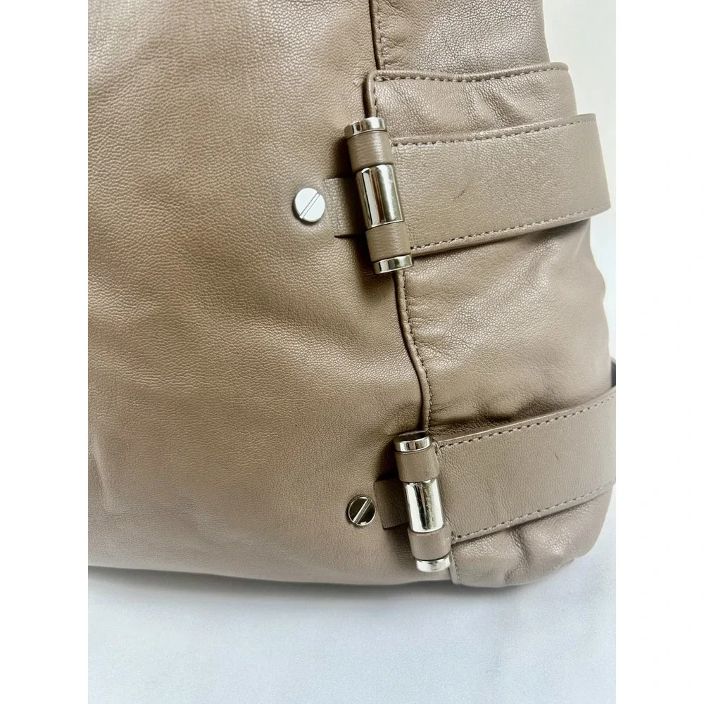 Michael Kors Taupe Pebbled Leather Hobo Shoulder Bag Large Silver Hardware Zip